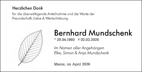 Traueranzeige von Bernhard Mundschenk von Wiesbadener Kurier
