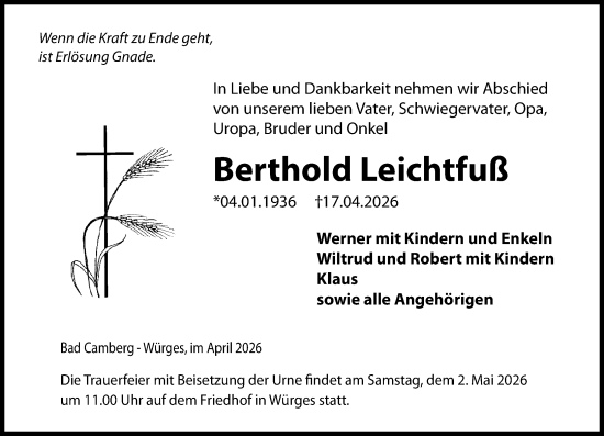 Traueranzeige von Berthold Leichtfuß von Camberger Anzeiger
