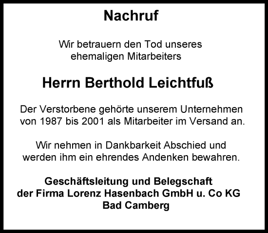 Traueranzeige von Berthold Leichtfuß von Camberger Anzeiger