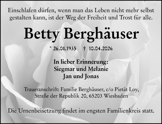 Traueranzeige von Betty Berghäuser von Wiesbadener Kurier