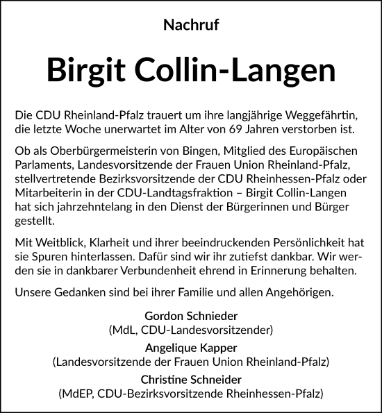 Traueranzeige von Birgit Collin-Langen von Allgemeine Zeitung Rheinhessen-Nahe