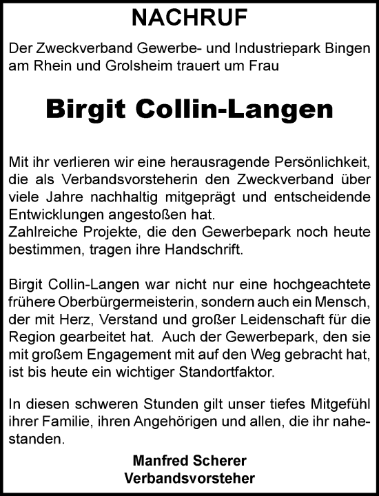 Traueranzeige von Birgit Collin-Langen von Allgemeine Zeitung Rheinhessen-Nahe