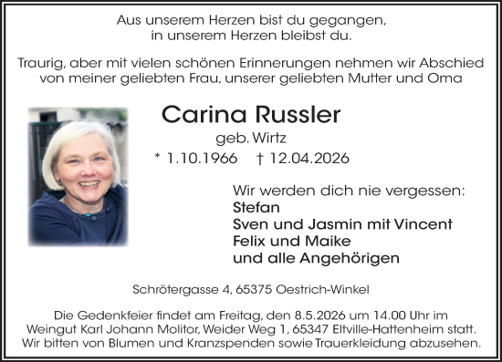 Traueranzeige von Carina Russler von Wiesbadener Kurier