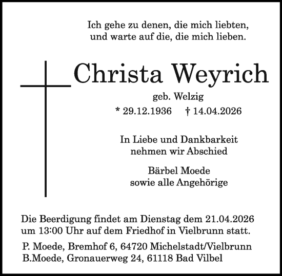 Traueranzeige von Christa Weyrich von Odenwälder Echo