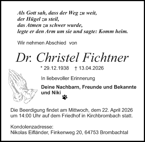 Traueranzeige von Christel Fichtner von Odenwälder Echo