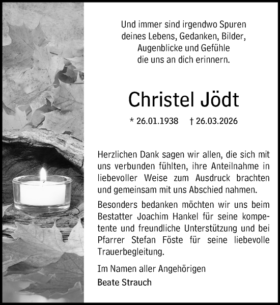 Traueranzeige von Christel Jödt von Hinterländer Anzeiger