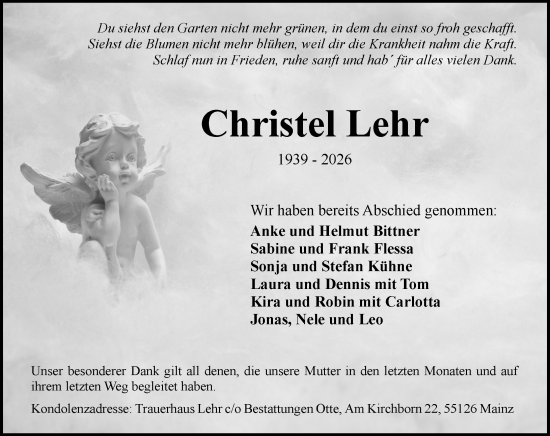 Traueranzeige von Christel Lehr von Allgemeine Zeitung Mainz
