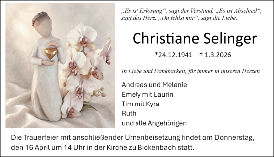 Traueranzeige von Christiane Selinger von Darmstädter Echo