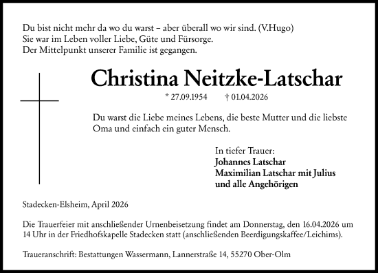 Traueranzeige von Christina Neitzke-Latschar von Wiesbadener Kurier