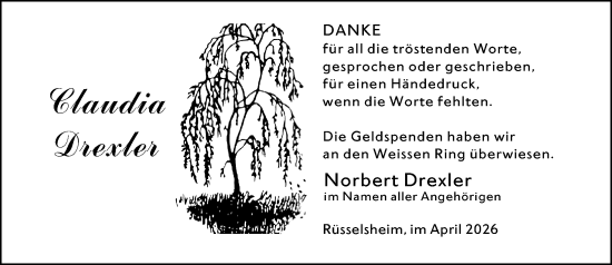 Traueranzeige von Claudia Drexler von Rüsselsheimer Echo
