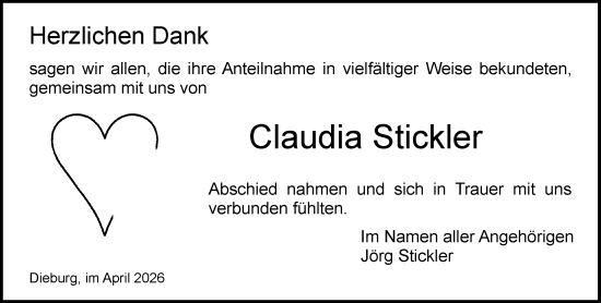 Traueranzeige von Claudia Stickler von Dieburger Anzeiger/Groß-Zimmerner Lokal-Anzeiger