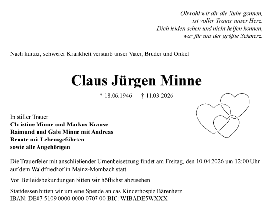 Traueranzeige von Claus Jürgen Minne von Allgemeine Zeitung Mainz