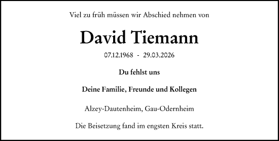 Traueranzeige von David Tiemann von Allgemeine Zeitung Alzey
