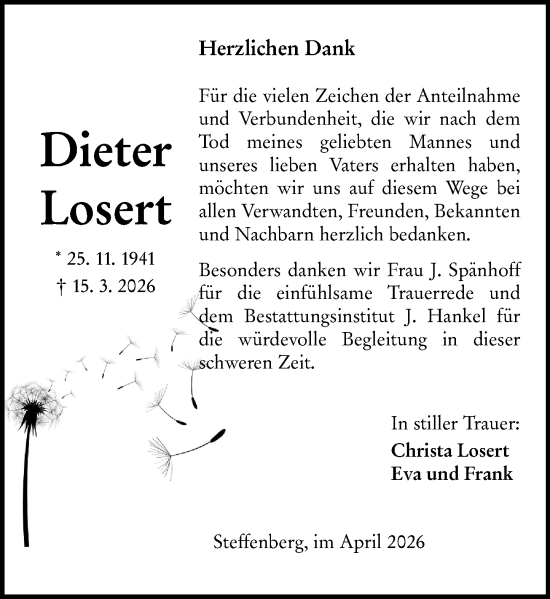 Traueranzeige von Dieter Losert von Hinterländer Anzeiger