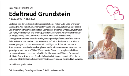 Traueranzeige von Edeltraud Grundstein von Wiesbadener Kurier