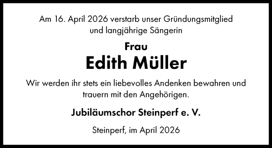 Traueranzeige von Edith Müller von Hinterländer Anzeiger