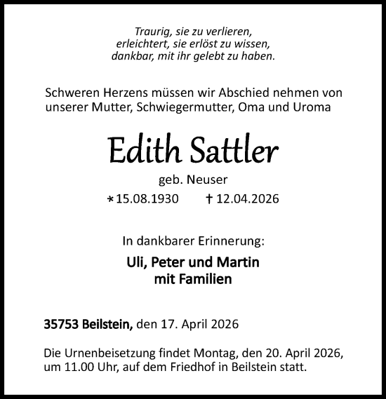 Traueranzeige von Edith Sattler von Dill Block