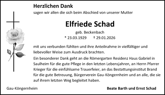 Traueranzeige von Elfriede Schad von Allgemeine Zeitung Alzey