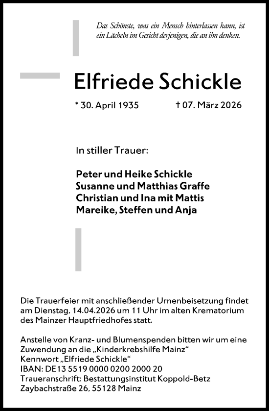 Traueranzeige von Elfriede Schickle von Allgemeine Zeitung Mainz