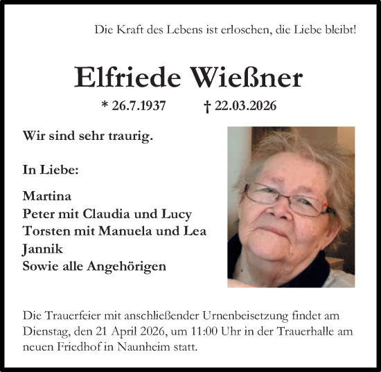 Traueranzeige von Elfriede Wießner von Wetzlarer Neue Zeitung