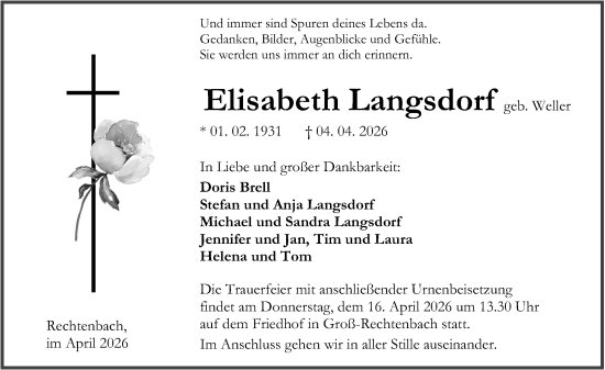 Traueranzeige von Elisabeth Langsdorf von Wetzlarer Neue Zeitung