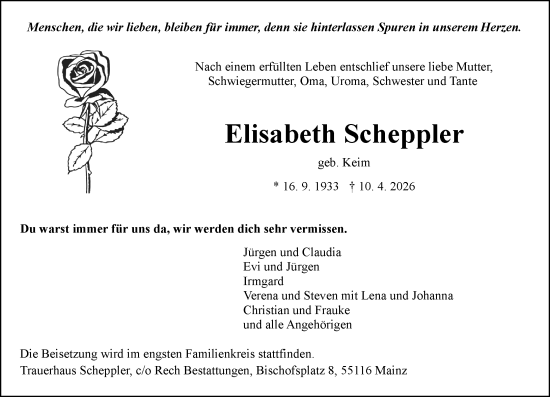Traueranzeige von Elisabeth Scheppler von Allgemeine Zeitung Mainz