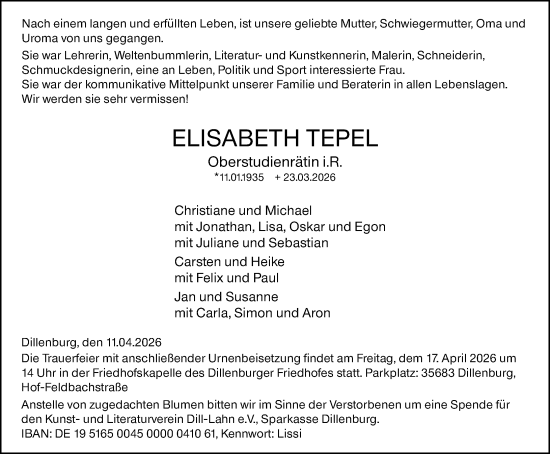 Traueranzeige von Elisabeth Tepel von Dill Block