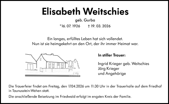 Traueranzeige von Elisabeth Weitschies von Idsteiner Land/Untertaunus