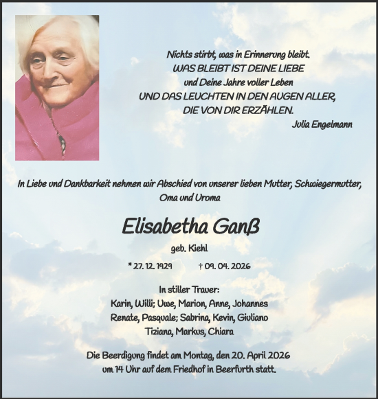 Traueranzeige von Elisabetha Ganß von Odenwälder Echo