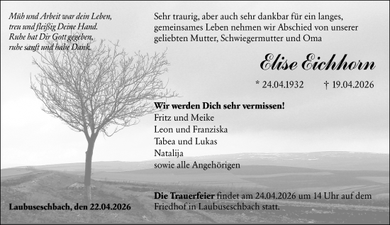 Traueranzeige von Elise Eichhorn von Weilburger Tageblatt