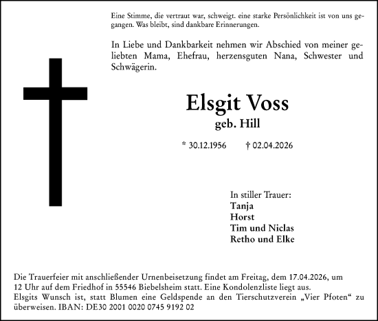 Traueranzeige von Elsgit Voss von Allgemeine Zeitung Mainz