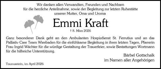 Traueranzeige von Emmi Kraft von Rheingau-Taunus-Kreis Wochenblatt