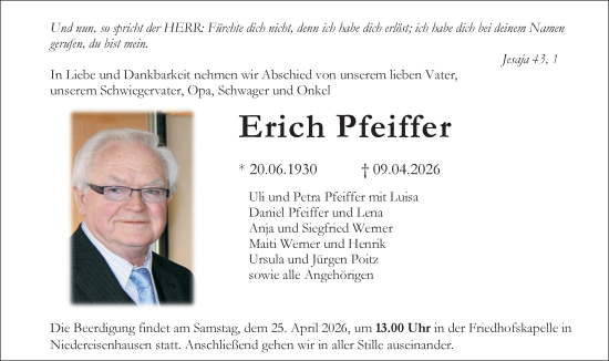 Traueranzeige von Erich Pfeiffer von Hinterländer Anzeiger