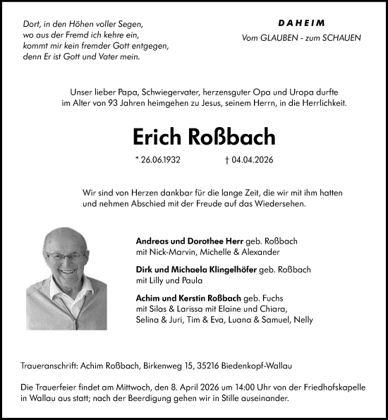 Traueranzeige von Erich Roßbach von Hinterländer Anzeiger