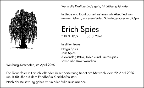 Traueranzeige von Erich Spies von Weilburger Tageblatt