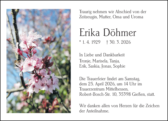 Traueranzeige von Erika Döhmer von Wetzlarer Neue Zeitung