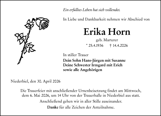 Traueranzeige von Erika Horn von Wetzlarer Neue Zeitung