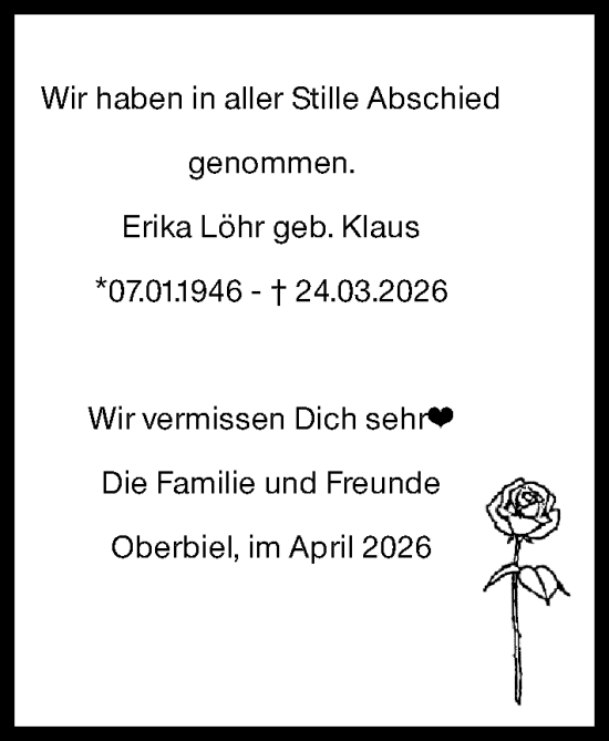 Traueranzeige von Erika Löhr von Wetzlarer Neue Zeitung