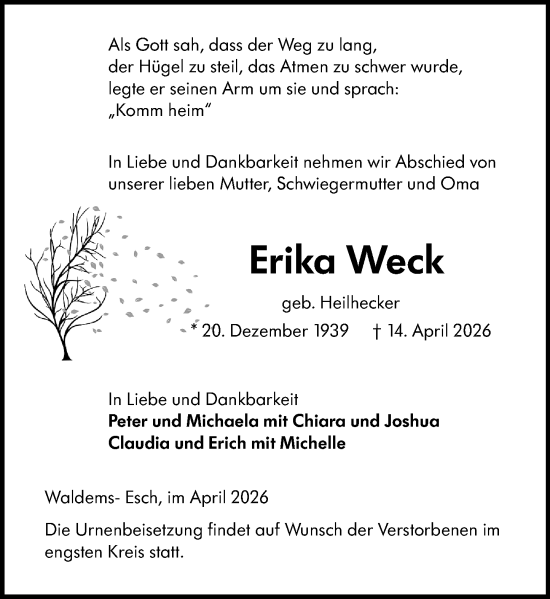 Traueranzeige von Erika Weck von Camberger Anzeiger