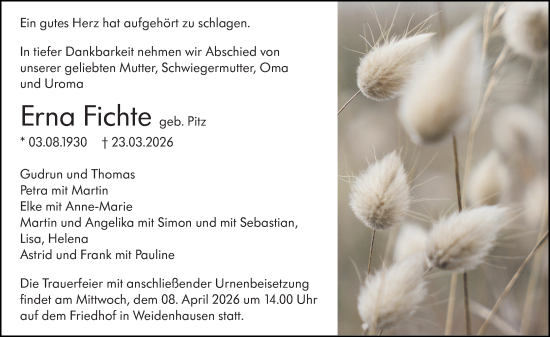 Traueranzeige von Erna Fichte von Hinterländer Anzeiger