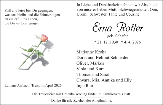 Traueranzeige von Erna Rotter von Wetzlarer Neue Zeitung
