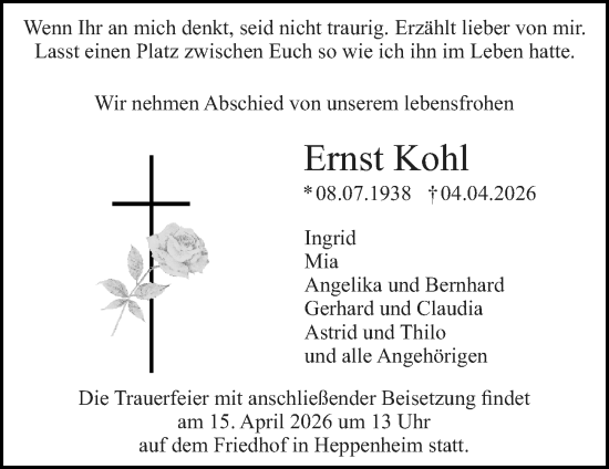 Traueranzeige von Ernst Kohl von Starkenburger Echo