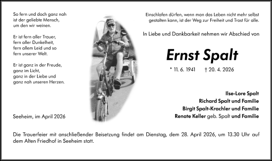 Traueranzeige von Ernst Spalt von Darmstädter Echo