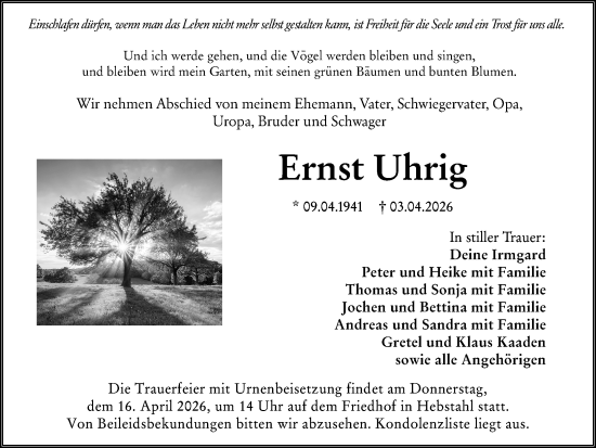 Traueranzeige von Ernst Uhrig von Odenwälder Echo