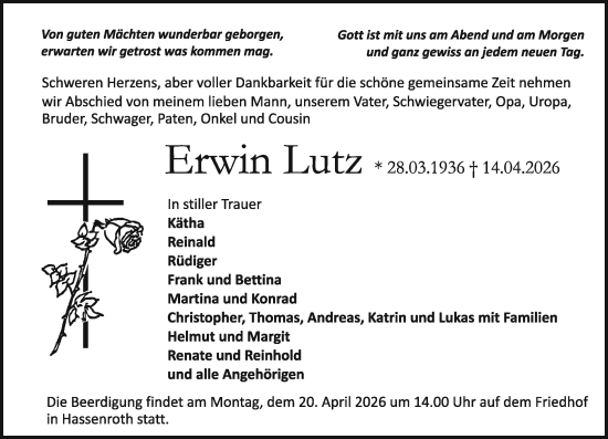 Traueranzeige von Erwin Lutz von Odenwälder Echo