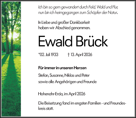 Traueranzeige von Ewald Brück von Wetzlarer Neue Zeitung