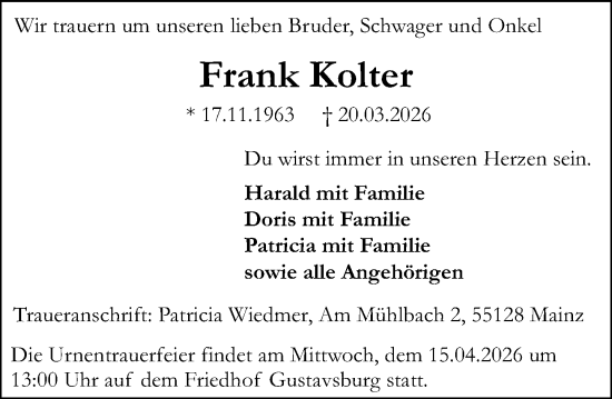 Traueranzeige von Frank Kolter von Allgemeine Zeitung Mainz