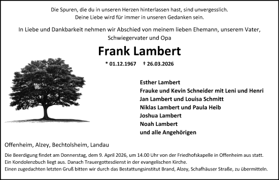 Traueranzeige von Frank Lambert von Allgemeine Zeitung Alzey