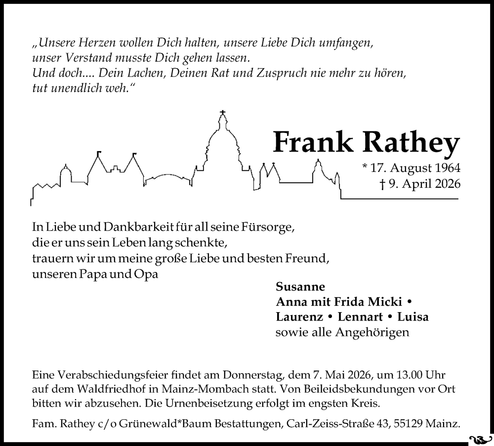  Traueranzeige für Frank Rathey vom 18.04.2026 aus Allgemeine Zeitung Mainz