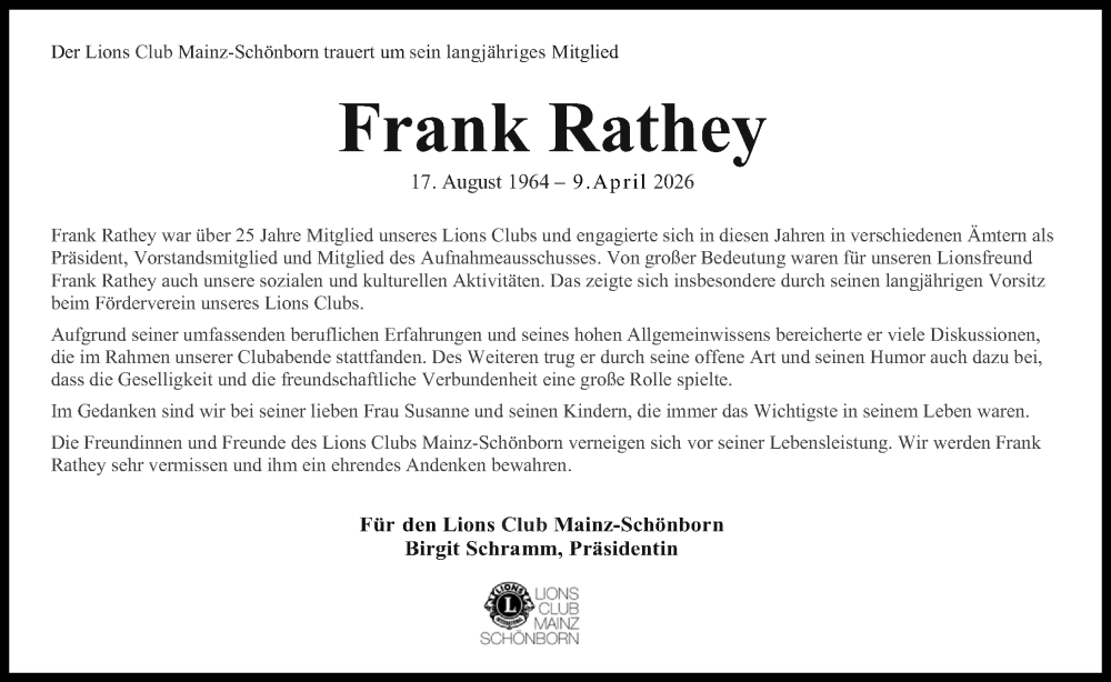  Traueranzeige für Frank Rathey vom 25.04.2026 aus Allgemeine Zeitung Mainz